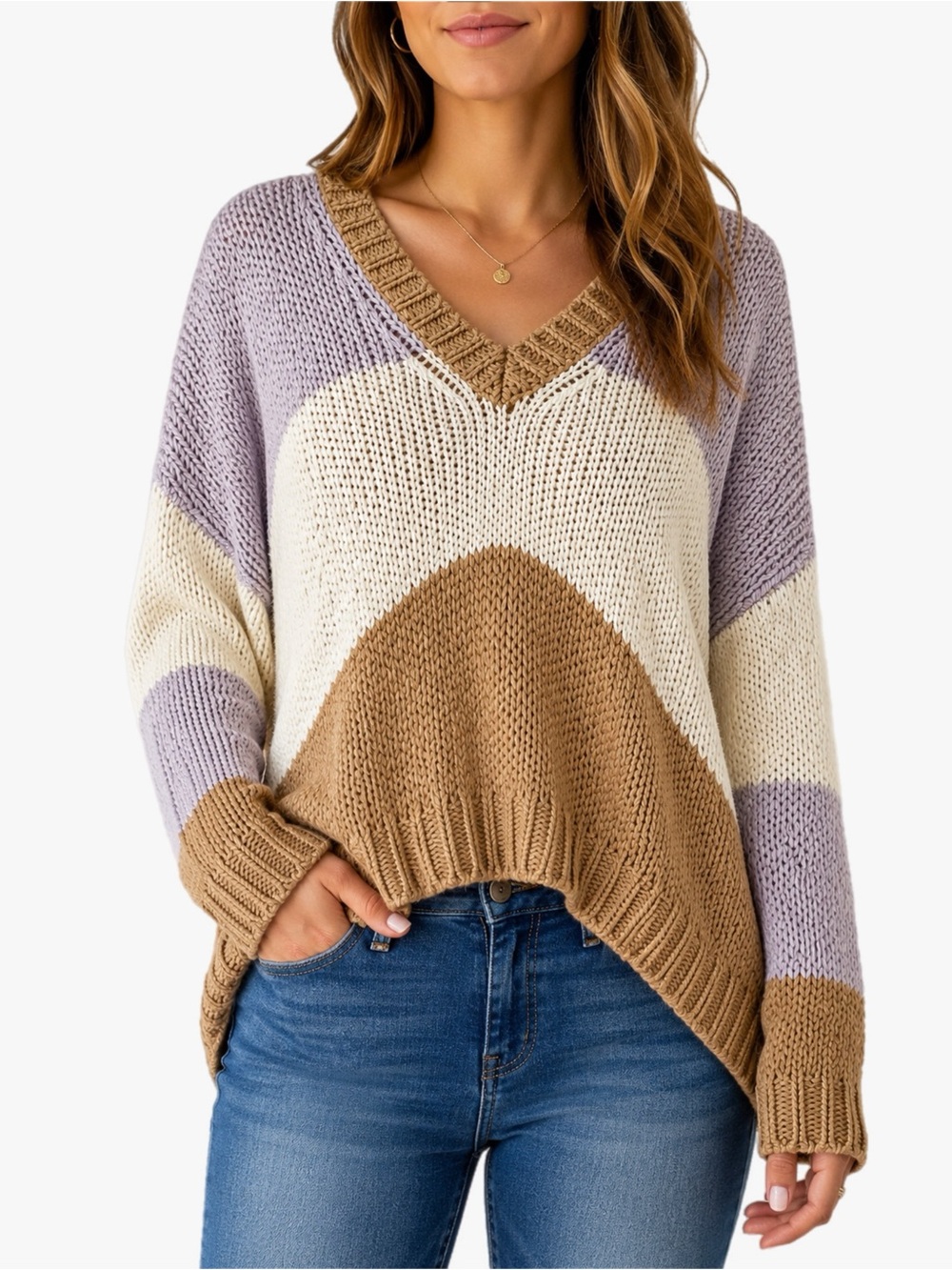 Wild Honey Women’s M Chunky Knit Colorblock V-Neck Sweater Lavender Cream Tan